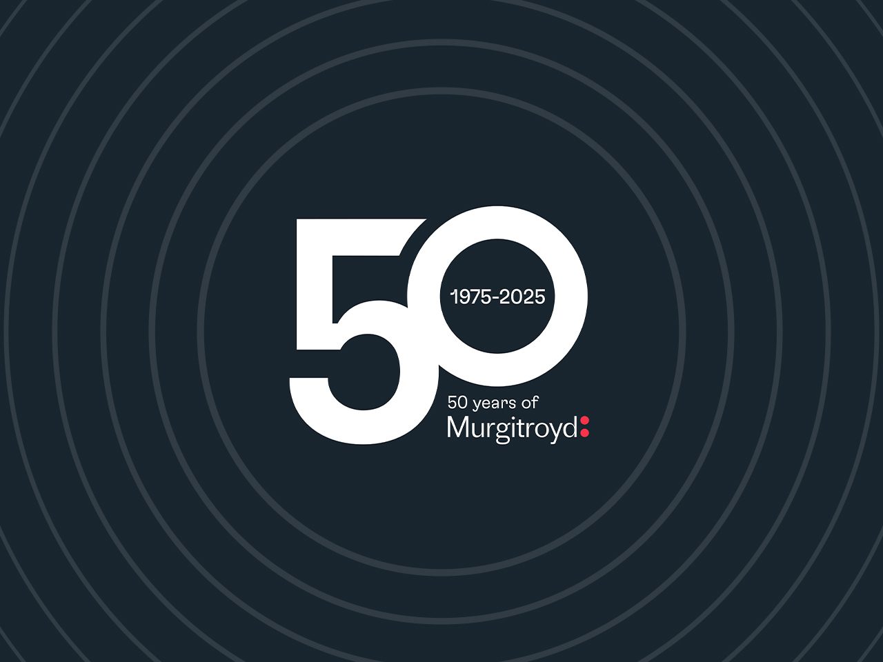 Celebrating 50 years of Murgatroyd from 1975 to 2025, with a dark background and concentric circles, featuring prominent white text and red accents.