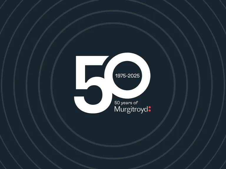 Celebrating 50 years of Murgatroyd from 1975 to 2025, with a dark background and concentric circles, featuring prominent white text and red accents.