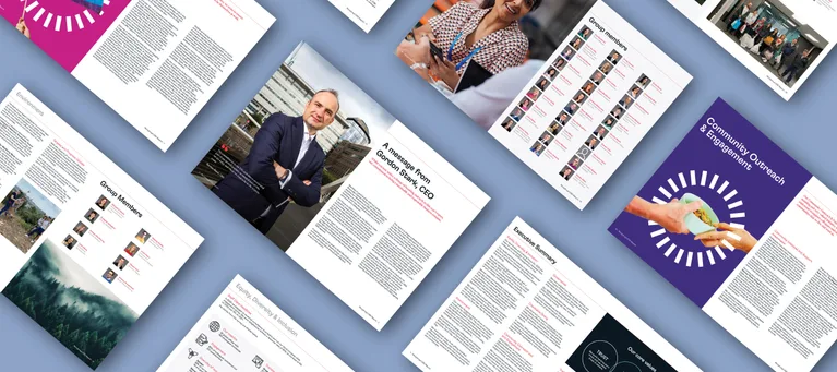 Collection of printed community outreach and engagement documents, including executive summary, group photos, and leadership messages.