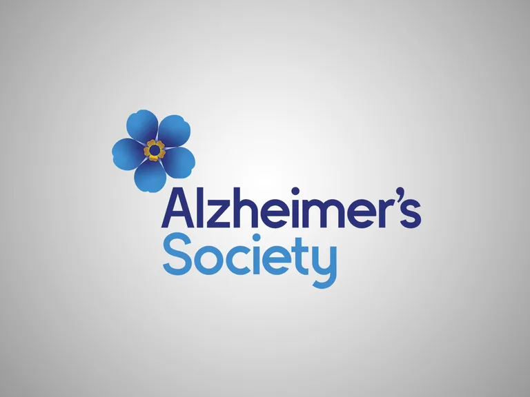 Alzheimer's Society logo featuring a blue flower and text on a light grey background.