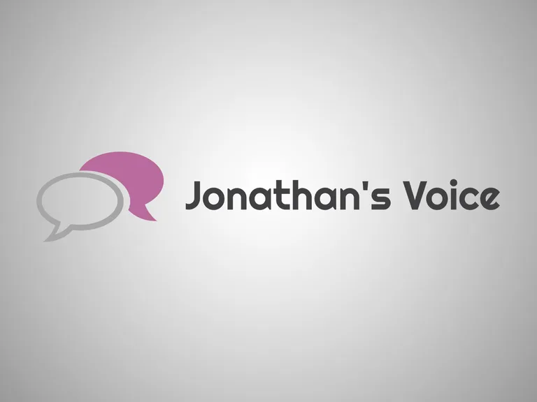 Two speech bubbles, one grey and one purple, alongside the text "Jonathan's Voice" on a light grey background.
