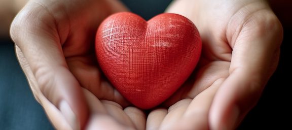 Hands gently holding a red heart-shaped object, with a dark background and soft lighting emphasizing the focus on the heart.