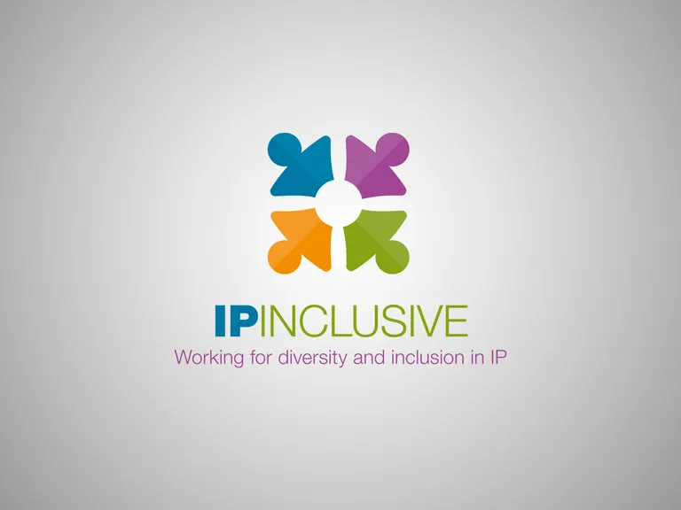 Logo with four stylised human figures in blue, purple, orange, and green forming a circle, with text "IP INCLUSIVE" and "Working for diversity and inclusion in IP" below.