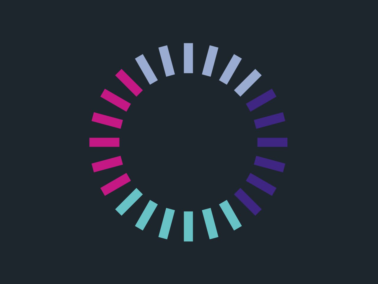 A circular loading indicator with multicoloured bars radiating outward against a dark background.