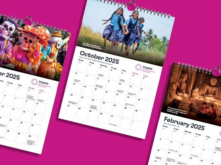 Calendar pages for October 2025 featuring children in school uniforms, a festival with traditional costumes, and a temple scene, arranged on a pink background.