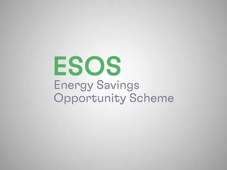 Text on a grey background reading "ESOS Energy Savings Opportunity Scheme" in green and grey fonts.