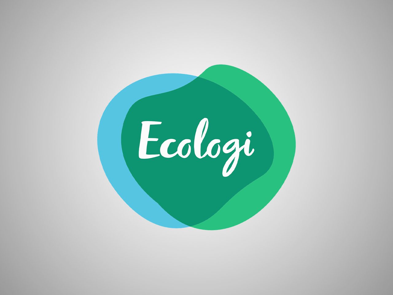 A colourful logo with the word "Ecologi" in white cursive text, featuring overlapping green and blue circular shapes on a light grey background.
