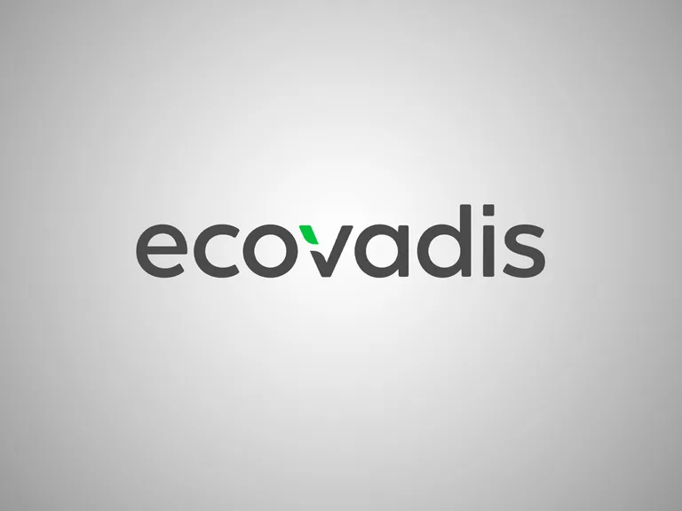Ecovadis logo with black text and a small green leaf accent over the letter "v" on a grey background.