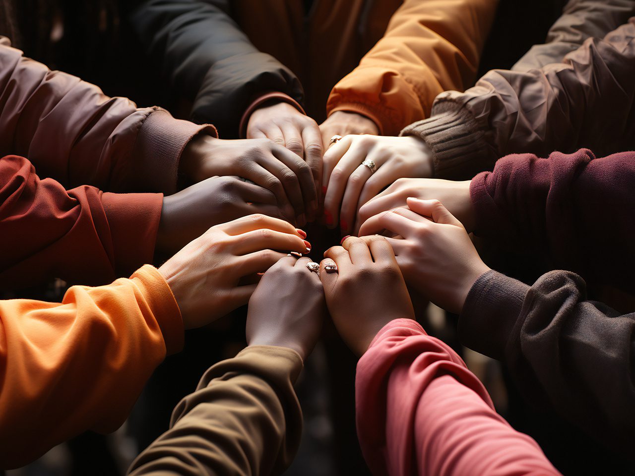 Gruppo di mani di diverse persone si uniscono al centro in un gesto di unità, con maniche colorate e anelli.