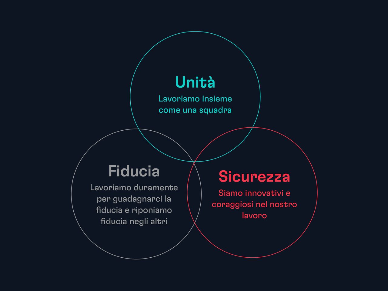 Tre cerchi sovrapposti con testi che evidenziano valori come unità, fiducia e sicurezza, su uno sfondo scuro.