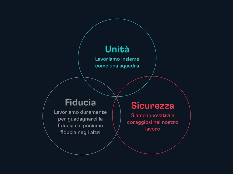 Tre cerchi sovrapposti con testi che evidenziano valori come unità, fiducia e sicurezza, su uno sfondo scuro.