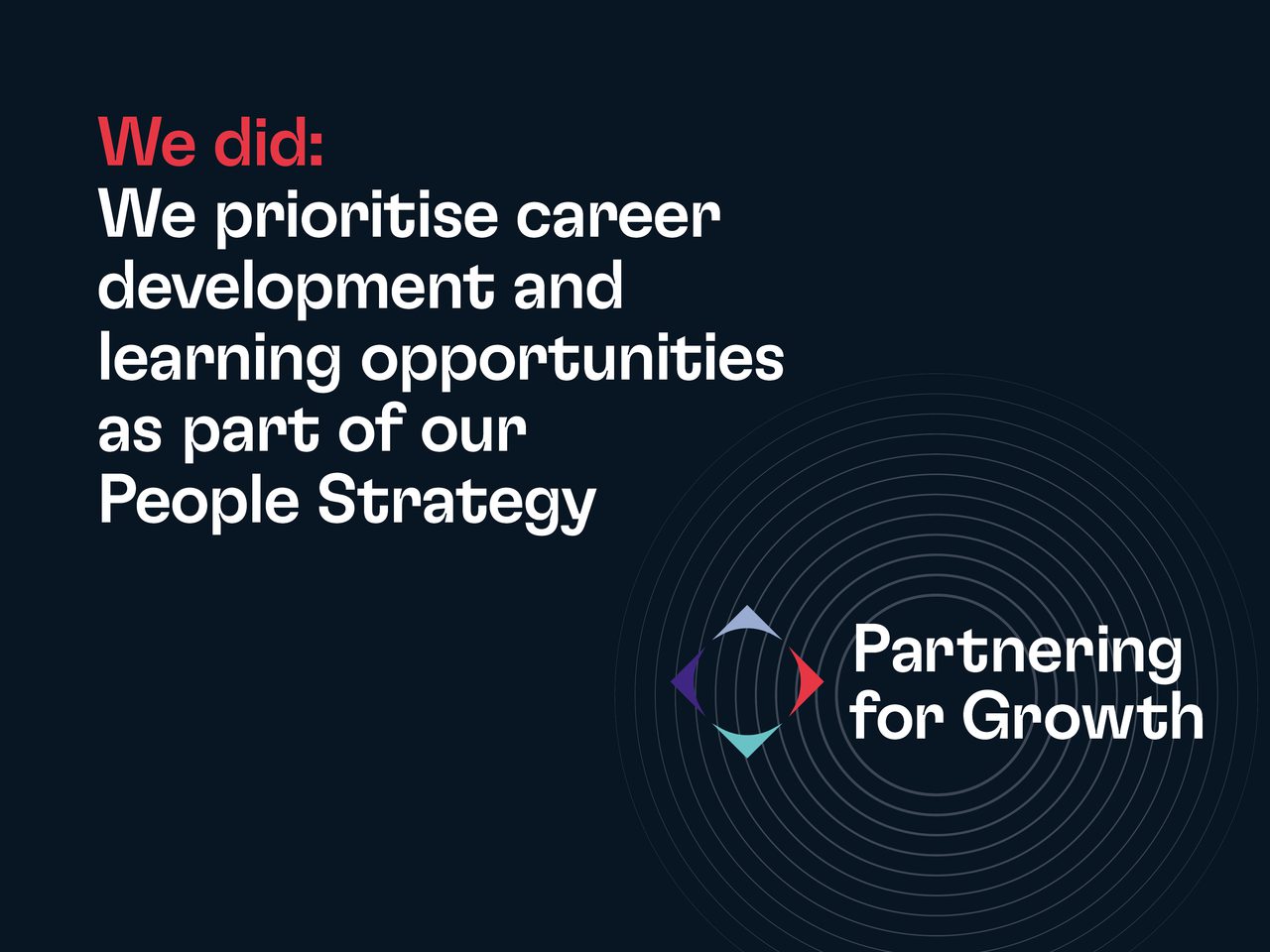Dark blue background with bold white text about career development and learning opportunities; red We did on the left, and concentric circles with a Partnering for Growth logo on the right.