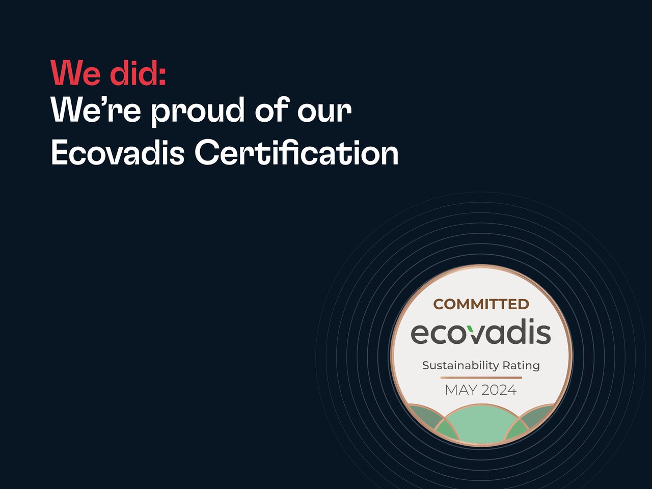 Dark blue background with bold red We did: and white text We're proud of our Ecovadis Certification, plus a circular Ecovadis badge in the bottom-right.