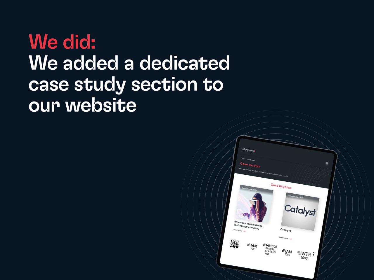 Dark blue background with bold red We did: and white text; a tilted tablet displays a case studies page, surrounded by concentric circles.