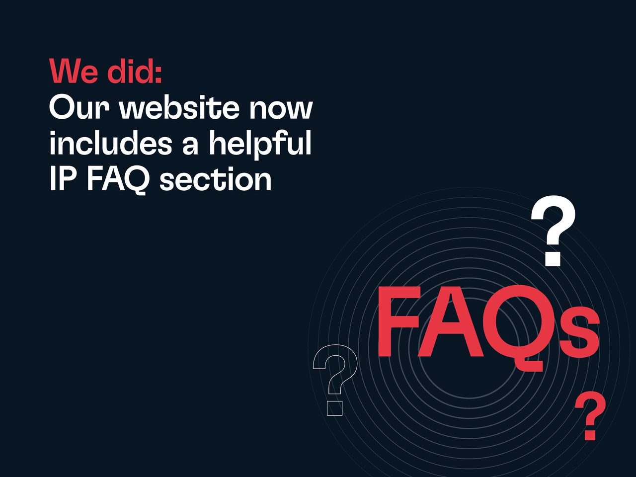 Dark navy background. Left: white text "Our website now includes a helpful IP FAQ section" with red "We did:". Right: large red "FAQs" over concentric rings with white question marks.