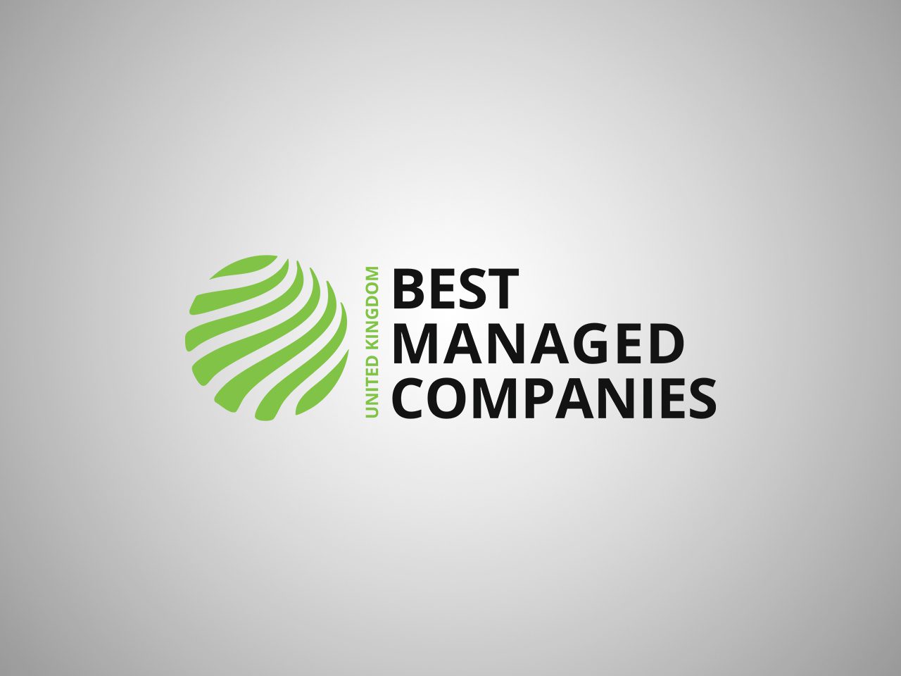 Green globe with wavy lines and the text "United Kingdom Best Managed Companies" in black and green on a grey background.