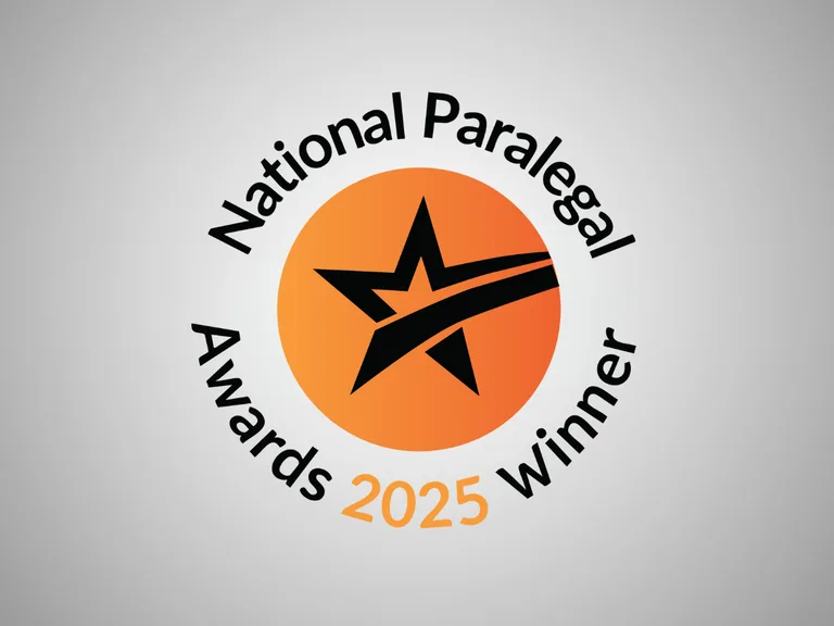 Circular orange gradient badge with a black stylised star and curved band; text curves around the edge and the year 2025 in orange on a light grey gradient background.