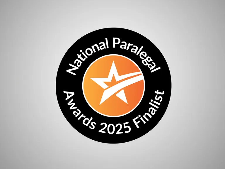 Circular logo with black border reading "National Paralegal Awards 2024 Finalist" surrounding an orange star with a swoosh, on a grey background.