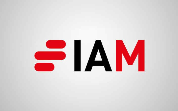 IAM logo: three red rounded horizontal bars stacked to the left of black "IA" and red "M" lettering, on a light grey gradient background