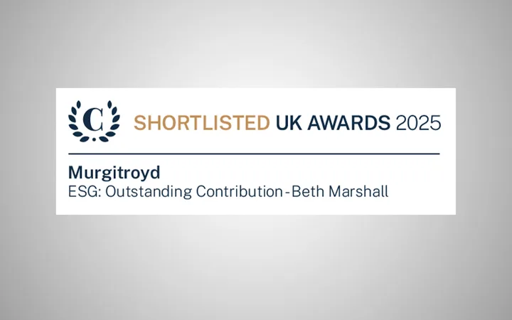 White banner with a navy laurel logo and orange SHORTLISTED, navy UK AWARDS 2025; a thin line, then Murgitroyd and ESG: Outstanding Contribution - Beth Marshall.