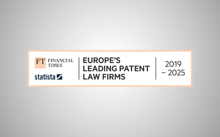 Graphic showing a report on Europe's leading patent law firms from 2019 to 2025, with logos of Financial Times and Statista.