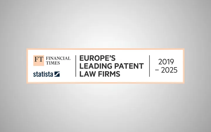 Graphic showing a report on Europe's leading patent law firms from 2019 to 2025, with logos of Financial Times and Statista.
