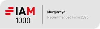 A certificate with a grey background, displaying a score of 1000, awarded to Murgitroyd, recommended firm for 2025, featuring the IAM logo and bold text.