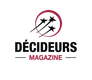 Logo mit drei Sternen, die nach oben zeigen, innerhalb eines Kreises, darunter der Schriftzug "DÉCIDEURS MAGAZINE" auf grauem Hintergrund.