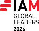 Three red rounded bars on the left and a large red M on the right against a black background.