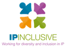 A colourful four-petal flower logo with a dark circle in the centre, accompanied by the text "IP INCLUSIVE" and the tagline "Working for diversity and inclusion in IP".
