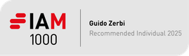 A digital badge with "IAM 1000" in bold black and red text, and "Guido Zerbi Recommended Individual 2025" on a grey background.