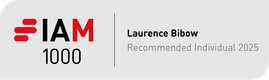 A badge showing the text "IAM 1000" in bold black and red, alongside the name "Laurence Bibow" and "Recommended Individual 2025" on a grey background.
