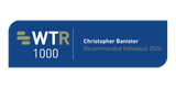 Blue award badge showing a left WTR 1000 logo in white and olive, a vertical divider, and the text Recommended Individual 2026 on the right.