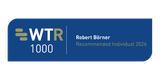 Blue banner displaying the WTR 1000 logo on the left with three olive rounded bars, and on the right 'Robert Börner' in white and 'Recommended Individual 2026' in olive.