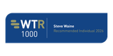Blue banner with the WTR 1000 logo on the left (olive bars and white letters), a vertical divider, and “Steve Waine” with “Recommended Individual 2026” on the right.