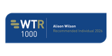 Blue WTR 1000 badge with olive left bars and logo, a white vertical divider, and "Alison Wilson" in white with "Recommended Individual 2026" in gold on the right.