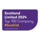 Purple rounded badge with white text: Scotland Limited 2024 Top 100 Company, orange hashtag #Scotld, and small white grantthornton.co.uk.