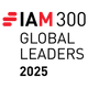 The logo features the text "IAM 300 GLOBAL LEADERS 2025" with a red stylised symbol in the upper left corner.