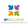 A colourful four-petal flower logo with a dark circle in the centre, accompanied by the text "IP INCLUSIVE" and the tagline "Working for diversity and inclusion in IP".