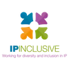 A colourful four-petal flower logo with a dark circle in the centre, accompanied by the text "IP INCLUSIVE" and the tagline "Working for diversity and inclusion in IP".