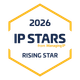 Orange octagon badge enclosing a navy blue abstract central shape.