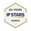 A hexagonal badge with the text "10+ YEARS IP STARS RANKED from Managing IP" in navy and gold on a cream background.