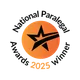 Orange gradient circular badge with a black five-pointed star overlaid by a curved stripe, and a small stem at the bottom, set against a black octagonal frame.