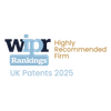 WIPO Rankings logo with "Highly Recommended Firm" and "UK Patents 2025" text in a mix of dark blue, light blue, and gold colours.