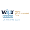 WIPO Rankings logo with "Highly Recommended Firm" and "UK Patents 2025" text in a mix of dark blue, light blue, and gold colours.