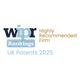 WIPO Rankings logo with "Highly Recommended Firm" and "UK Patents 2025" text in a mix of dark blue, light blue, and gold colours.