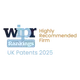 WIPO Rankings logo with "Highly Recommended Firm" and "UK Patents 2025" text in a mix of dark blue, light blue, and gold colours.