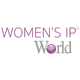 Logo auf schwarzem Hintergrund: oben rosa-lila Schrift „WOMEN'S IP“, darunter graues „World“ mit einem lila Globus, der den Buchstaben o umgibt.