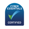A close-up of a cybersecurity badge featuring a blue background, green check mark, and the words "Cyber Essentials Certified."