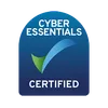 A close-up of a cybersecurity badge featuring a blue background, green check mark, and the words "Cyber Essentials Certified."